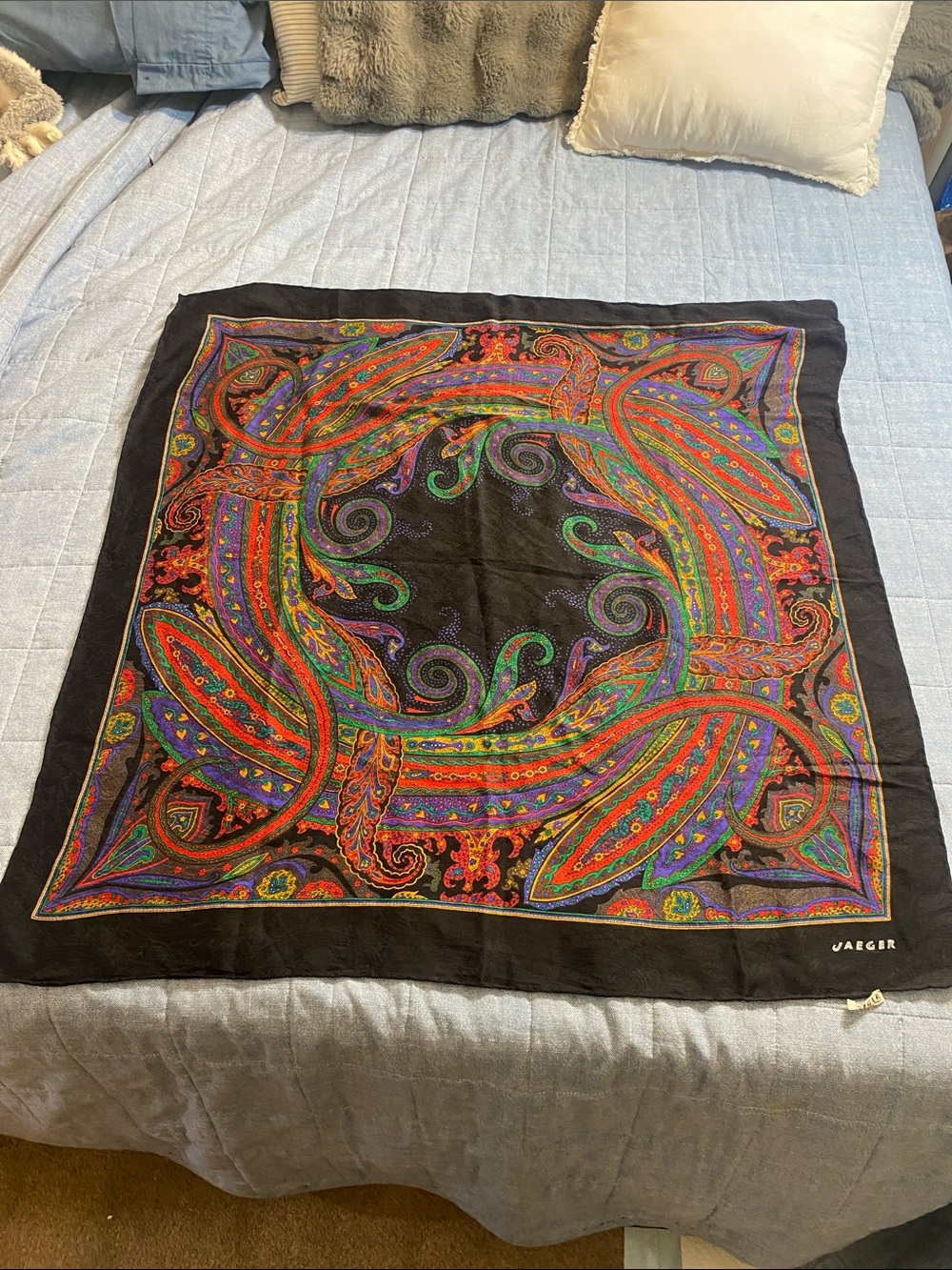Vintage 60’s-70’s Jaeger Black Silk Paisley Hand Rolled Hem Square Scarf